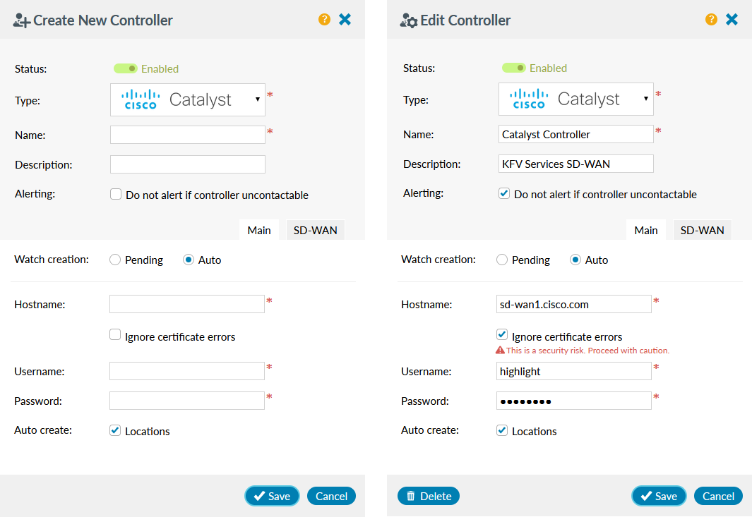 SD-WAN create or edit Viptela controller panel