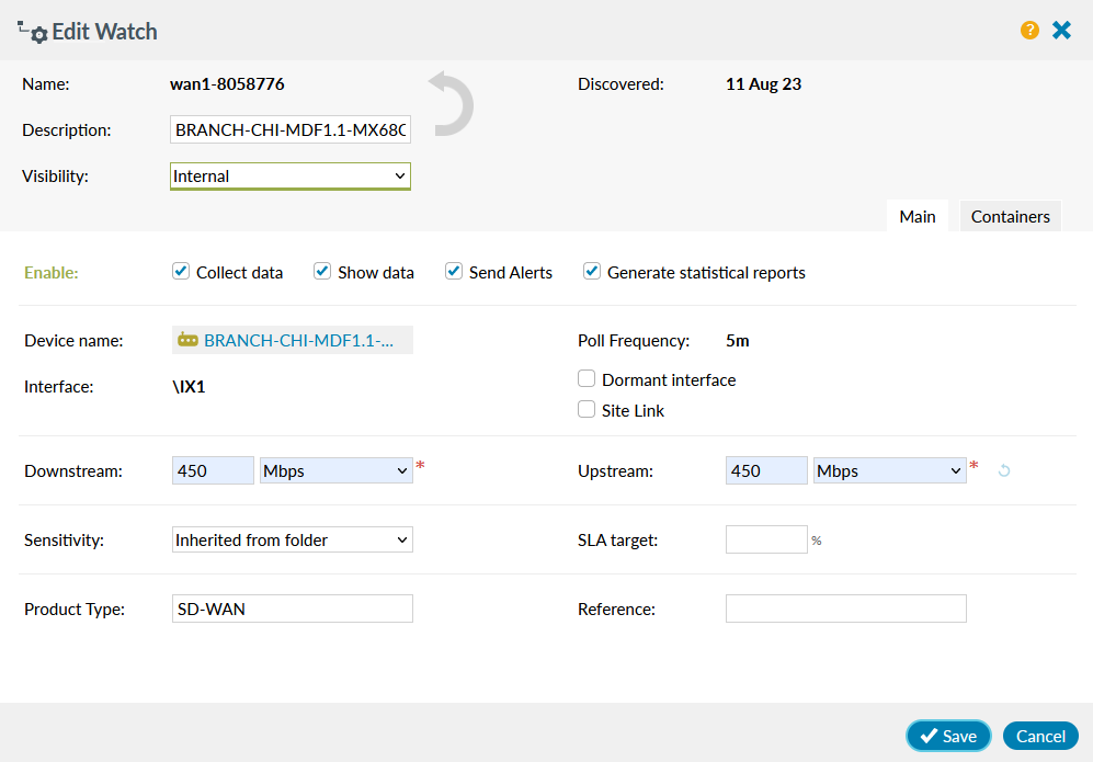 SD-WAN edit watch panel Main tab